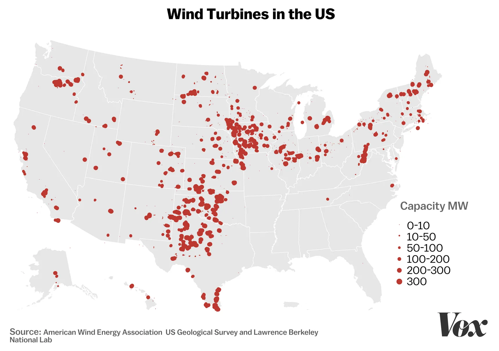 Map showing distribution of wind turbines in the US